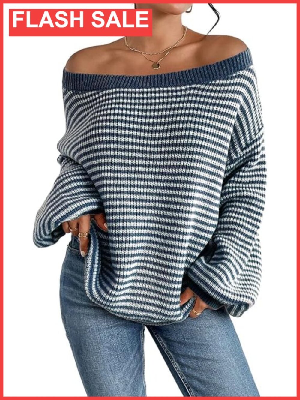 Oversized Striped Off Shoulder Sweater Casual Loose Knit Pullover Jumper